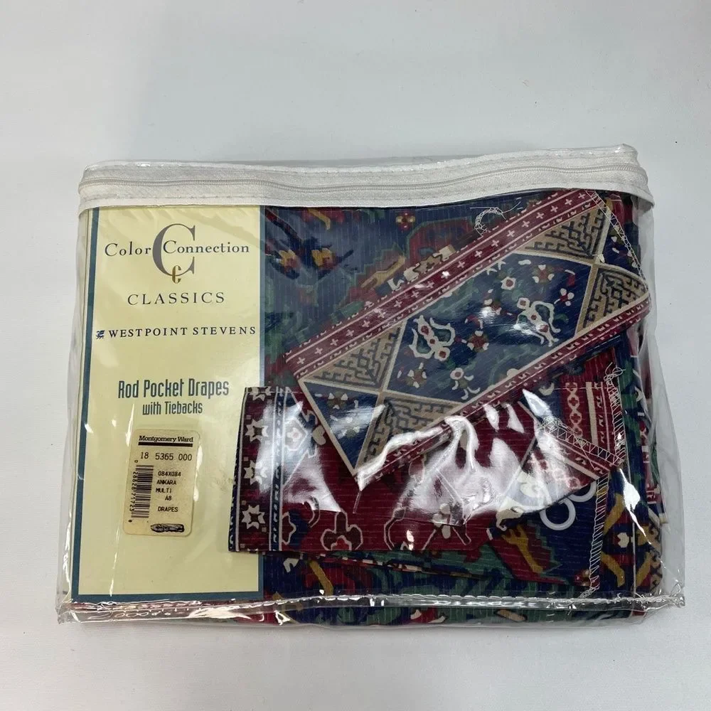Vtg Ankara Set Rod Pocket Drapes w Tiebacks Cotton Blend 84 x 84